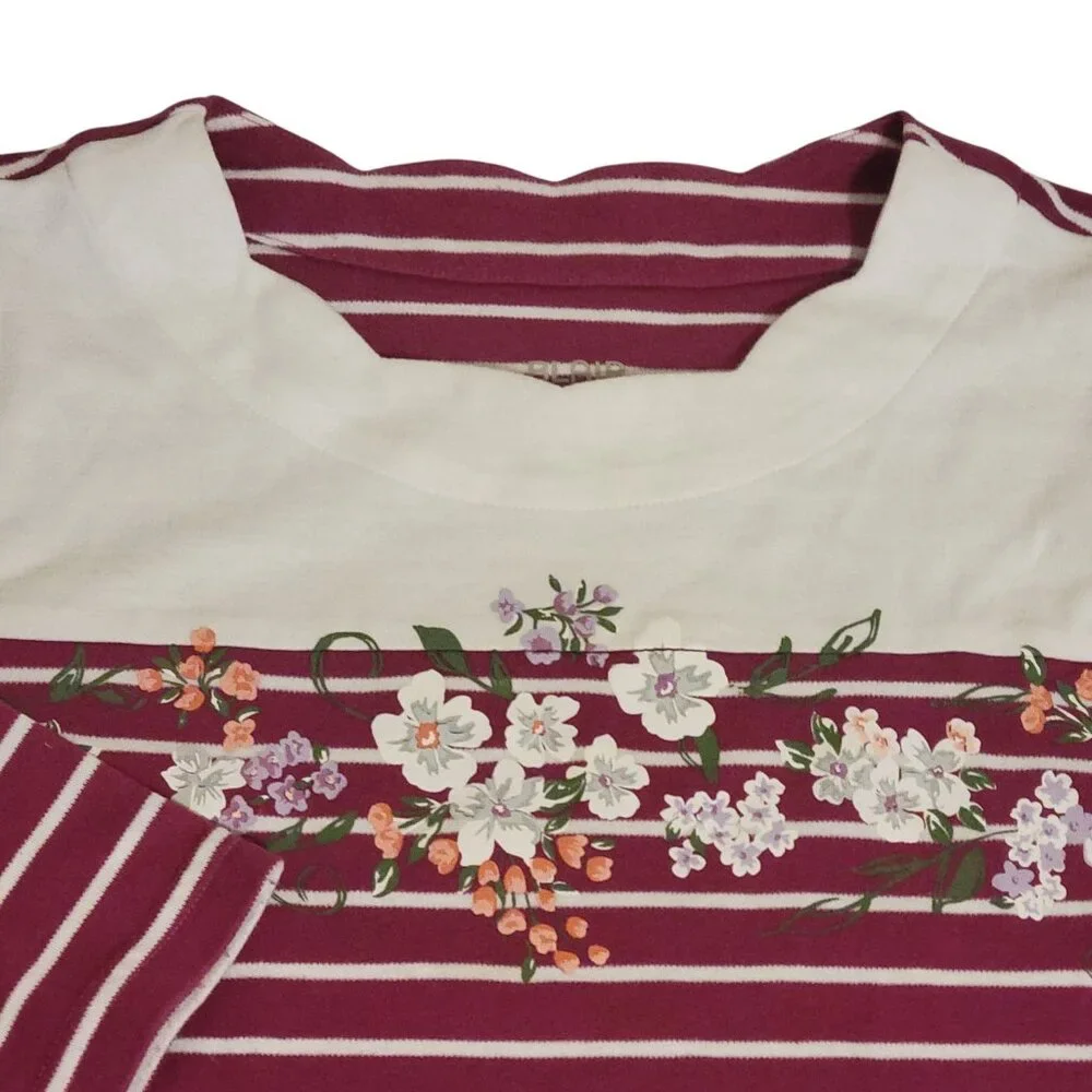 Blair Womens Small Striped Floral Tunic Top 3/4 Sleeves Burgundy & White Cotton - Picture 2 of 13